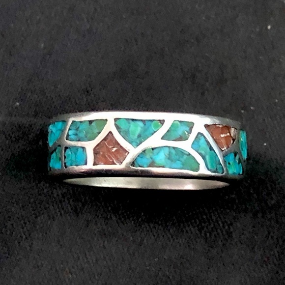 Southwest Native Sterling Silver Crushed Turquoise Coral Mosaic Ring Sz 12-1/2 - Picture 6 of 17